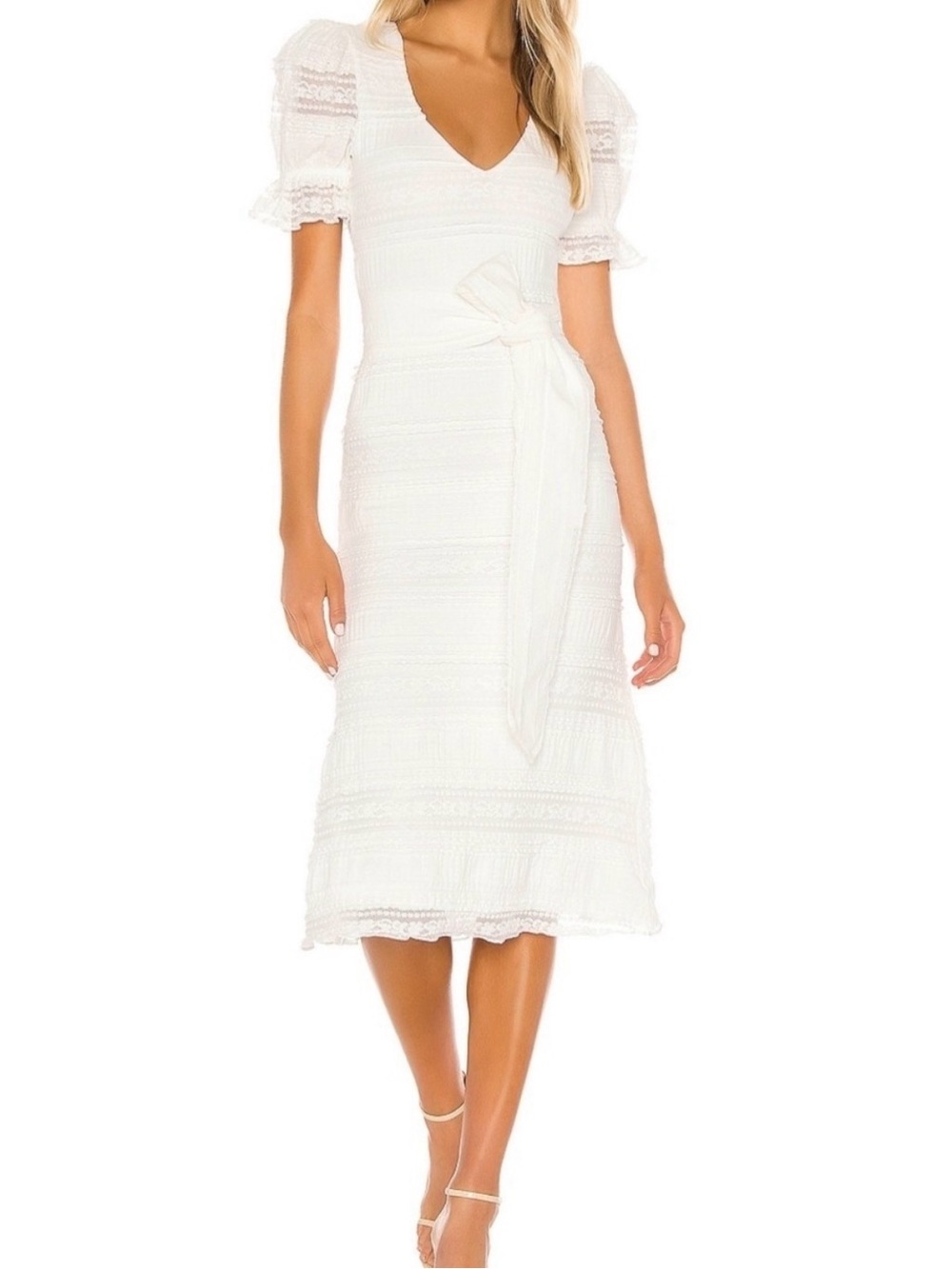 Tularosa Women’s White Lace Midi Dress with Puff Sleeves